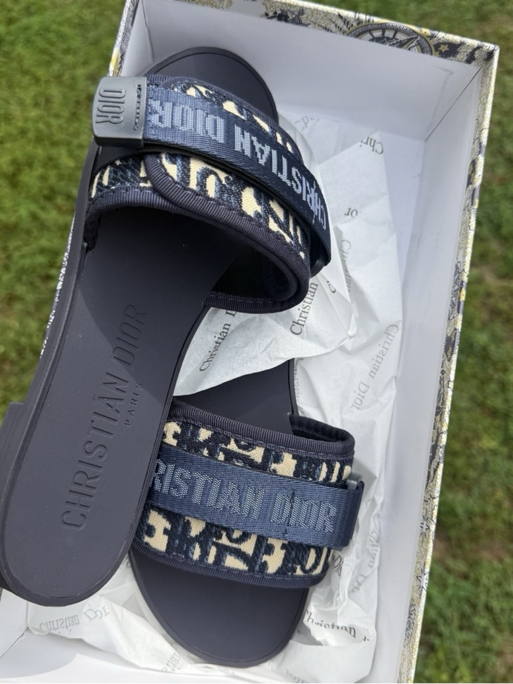 Dior Navy and Black Oblique Logo Slide Sandals - Picture 2 of 3